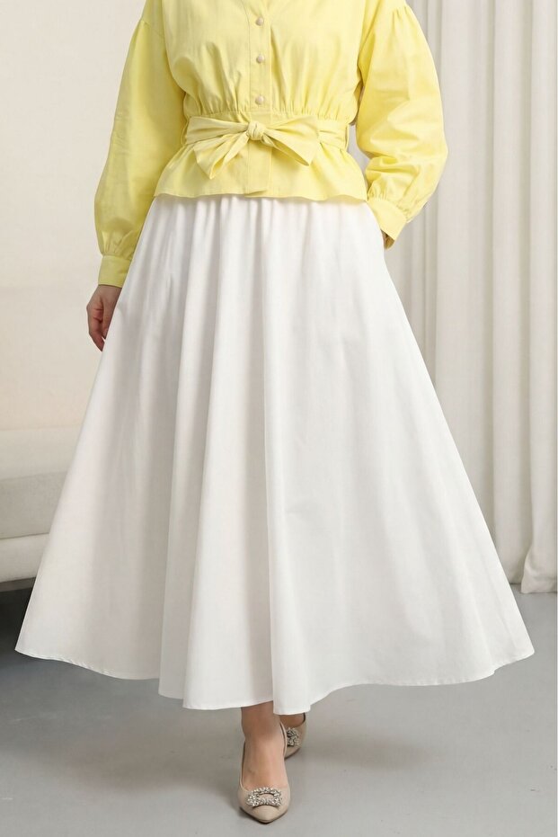 Zippered Lined Summer Flared Linen Skirt -White