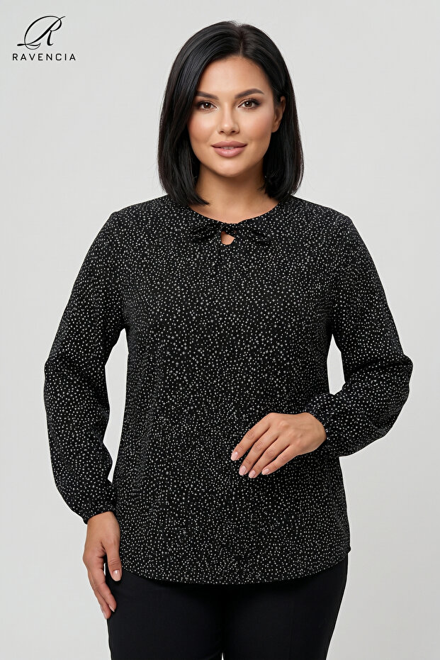 Women's Black-White Plus Size Star Patterned Crew Neck Lace-Up Lycra Viscose Mother Combed Cotton Blouse