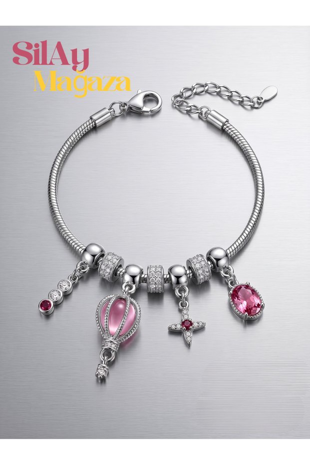 Pink Stone Charm Bracelet with Flying Balloon Figure, Elegant Non-Tarnish Women's Bracelet