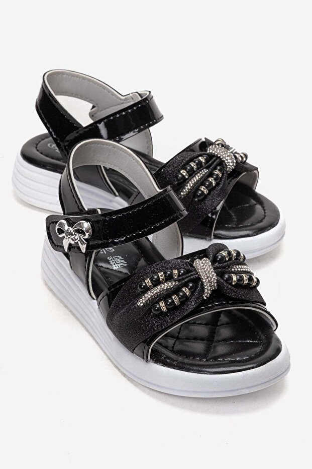 Children's Beaded Stone Velcro Sandals Black