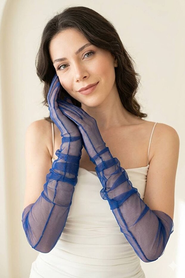 Avelisse Couture Full Tulle Cobalt Blue Gloves – Elegant Bridal & Event Accessory