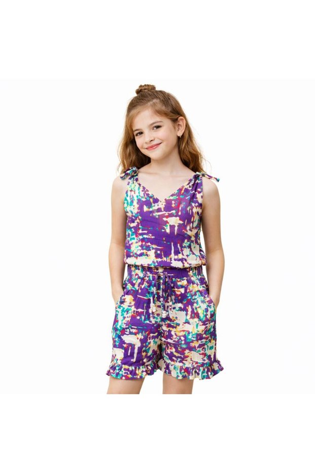 Girls' Shorts Romper Dress – 100% Viscose, Adjustable Beaded Straps, Elastic Waist, Ruffled Cuffs and Pockets