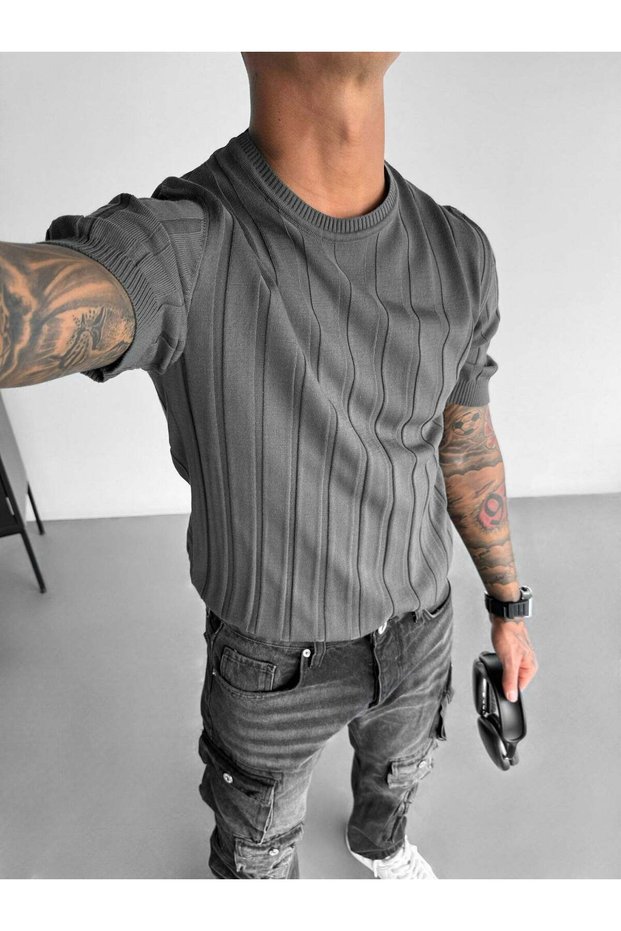 Old Money Style Men's Slim Fit Vertical Striped T-Shirt Crew Neck Ribbed Knitwear Knitted T-Shirt