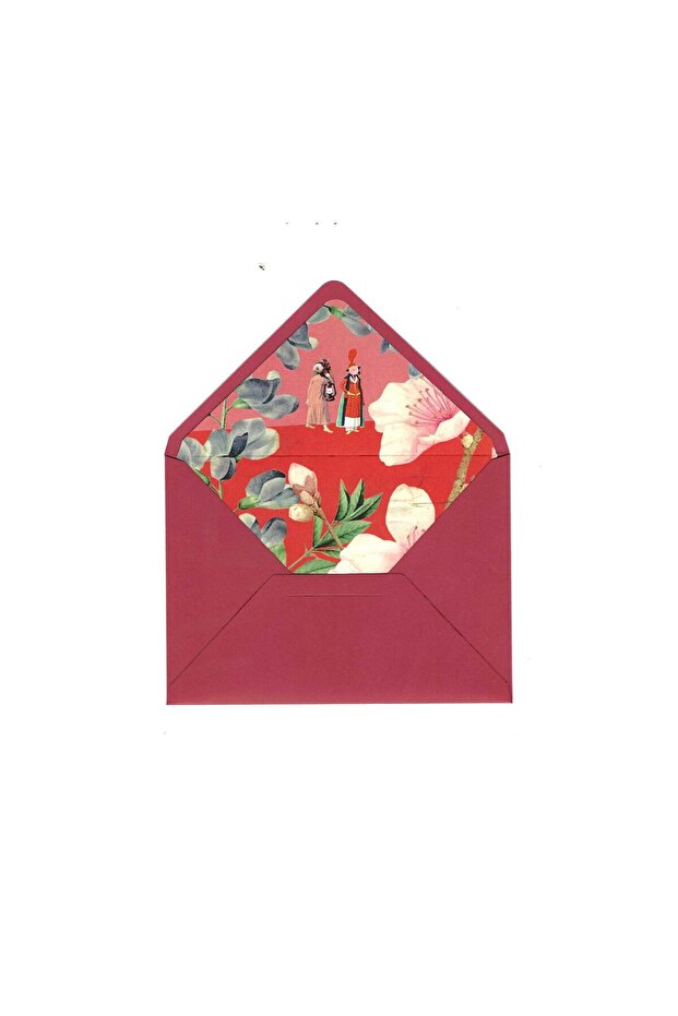 Lined Envelope Thick Paper 13X 18 cm Special Design Floral Patterned Red Envelope - 2 Pieces of Fountain Pen Compatible Letter Paper as a Gift!