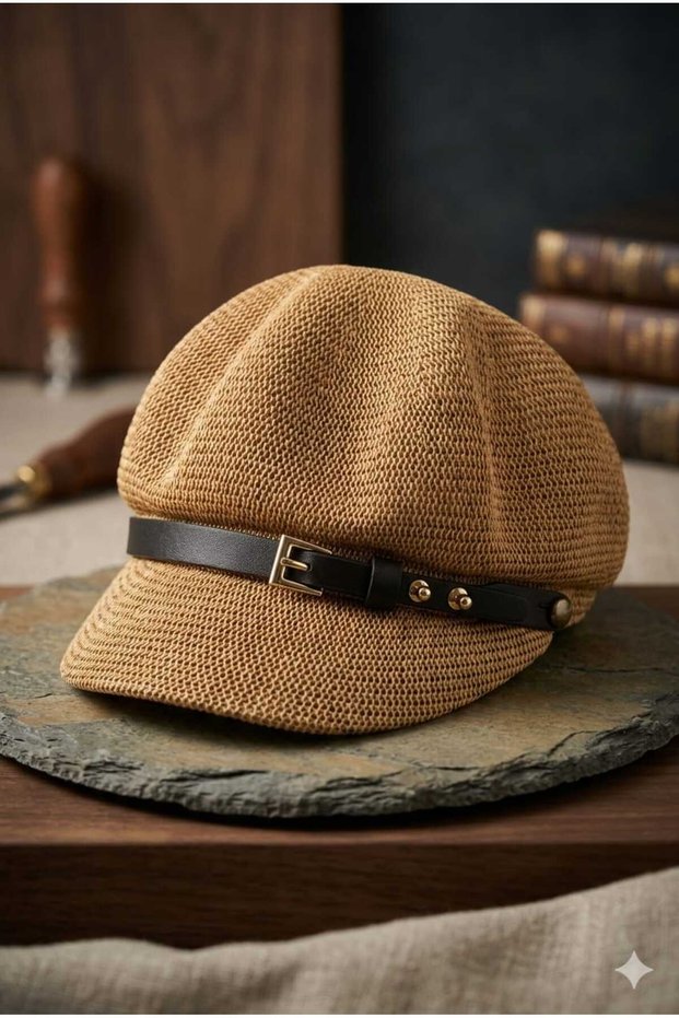 Women's Straw Cap Hat with Belt Detail, Stylish Summer Model