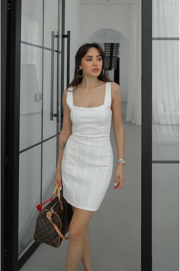 White Fit Denim Dress with Stitching Detail