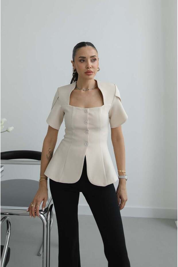 Beige Padded Square Neck Blouse