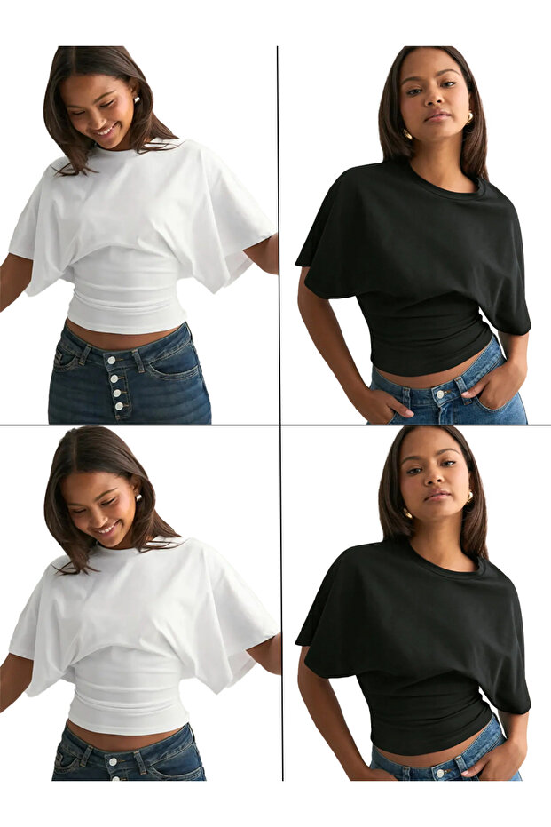 4-Piece Natural Viscose Black and White Blouses with Wide (Batwing) Sleeves That Fit at the Waist