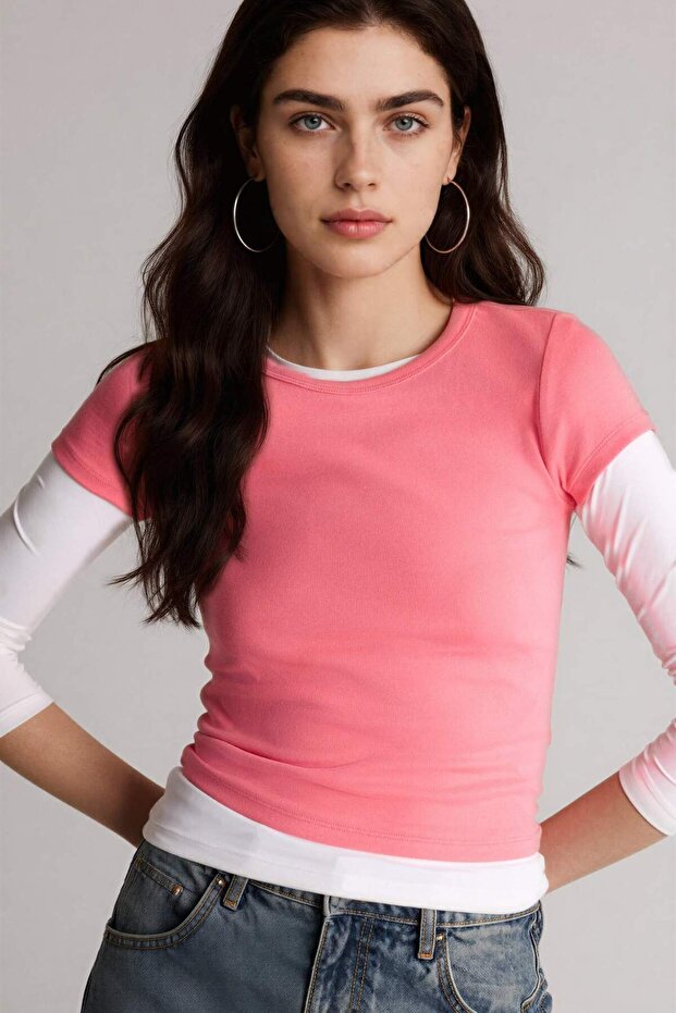 Fitted Crew Neck Ribbed Short Sleeve Basic T-Shirt E0288Ax26Sp