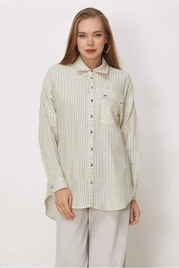 Striped Shirt Collar Tunic 46358