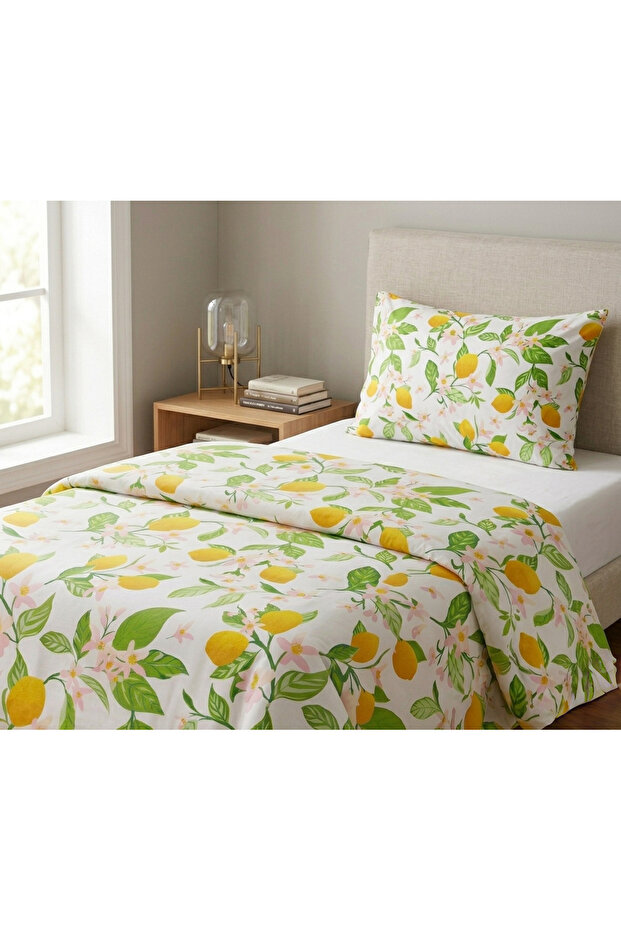 Lemon Patterned 100% Cotton Satin Single Duvet Cover Set 160X220 cm - Without Sheet