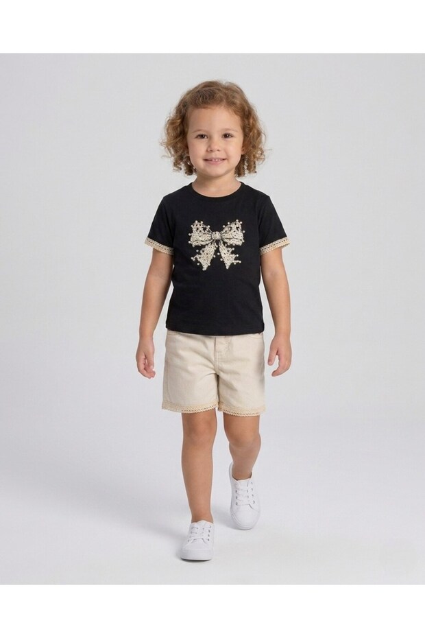 Dar Kalip! Girl's Summer Linen Shorts Set, Ages 3-4-5-6-7-8-9-10, Stylish 2-Piece Top and Bottom Set with Bow Print