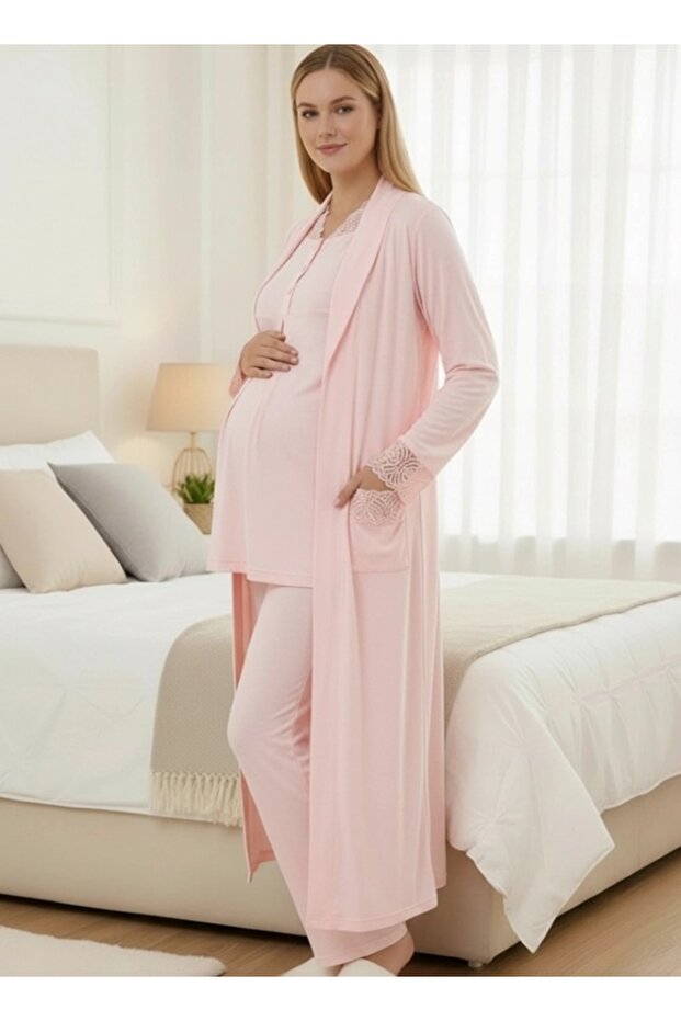 Women's Lace Long Sleeve 3-Piece Maternity Pajama Set with Dressing Gown