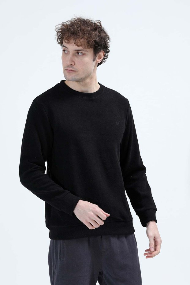 Men's Crew Neck Embroidered Sweatshirt Black - 26K 6138