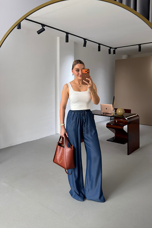 Navy Blue Tensel Denim Trousers with Elastic Waist