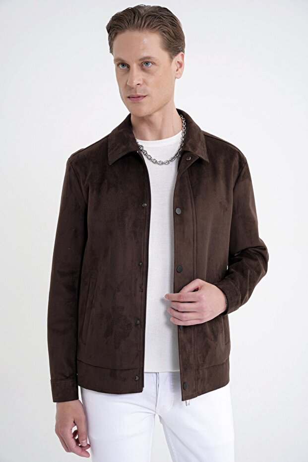 Men's Comfort Fit Suede Look Brown Coat with Side Pockets Mt 180