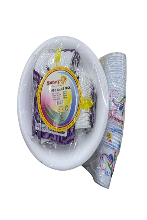 Foam Plate, Plastic Spoon, Cup & Fork Deluxe Tableware Combo Value Pack (25s)
