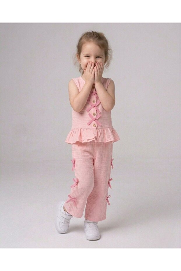 Girl's Bow Detailed Pants Set, 2-3-4-5-6 Years Old, Summer Muslin 2-Piece Stylish Holiday Set X