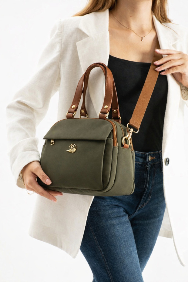 Women's Khaki-Tan Buzzy Leather Multi-Compartment Column Strap Hand and Shoulder Zippered Daily Crossbody Bag