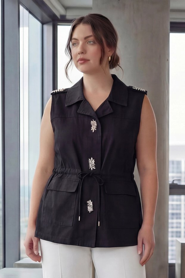 Women's Plus Size Stone Detailed Vest with Waist Tie Detail, Black