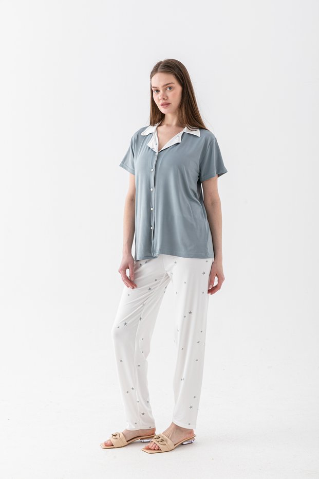 Short Sleeve Shirt Collar Women's Pajama Set - Seasonal Women's Pajamas - %100 Cotton Pajama Set