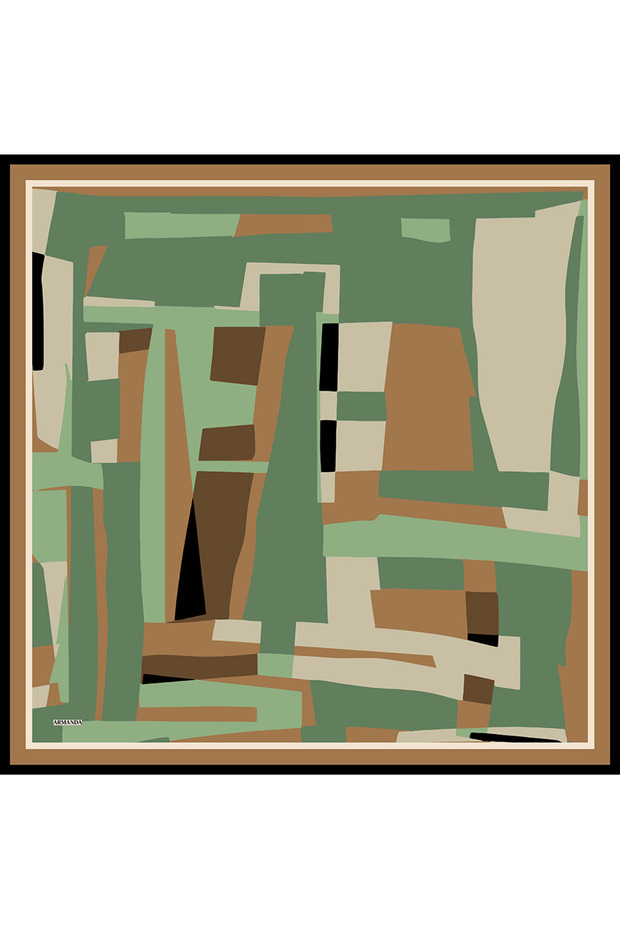 Block Pattern Twill Silk Scarf - Linen Green