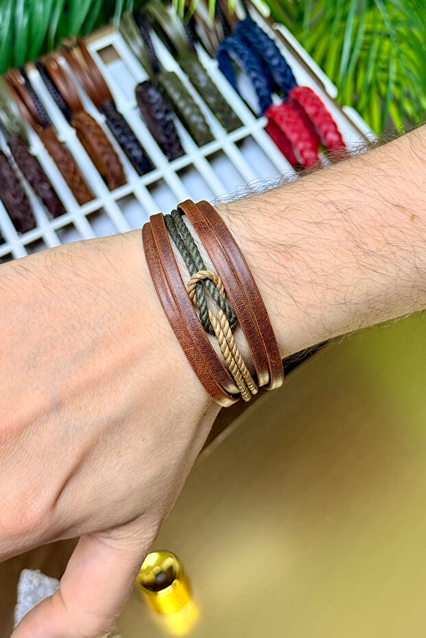 Tan Genuine Leather Bracelet with Wicker Rope Knot Detail