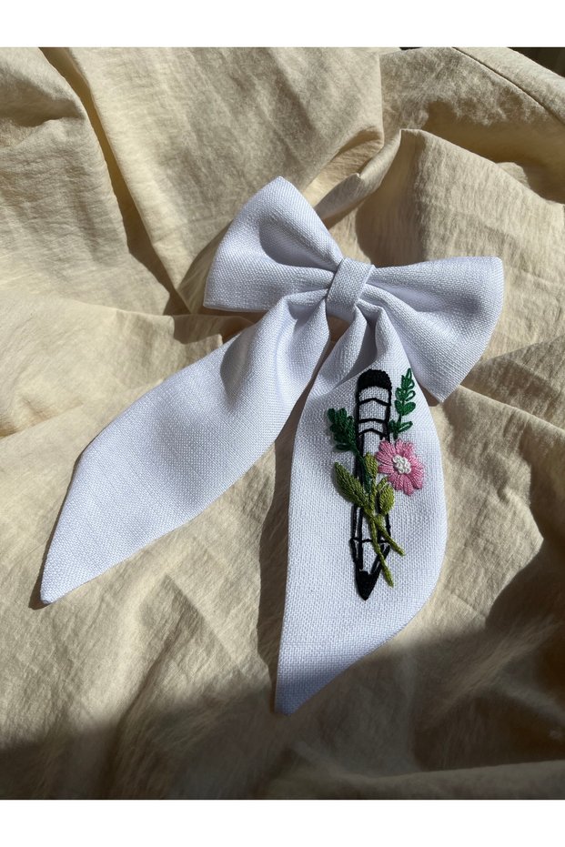 Handmade Embroidered White Bow Hair Clip with Pencil Pattern Teacher Themed Hair Clip | Handmade Fabric Ribbon Buckle | Girls & Women