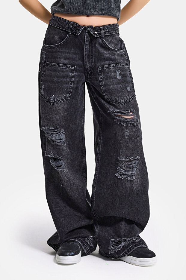 Women's Dark Smoked 10S6-1 Super Baggy Belted and Ripped Detailed Special Design Denim Jeans