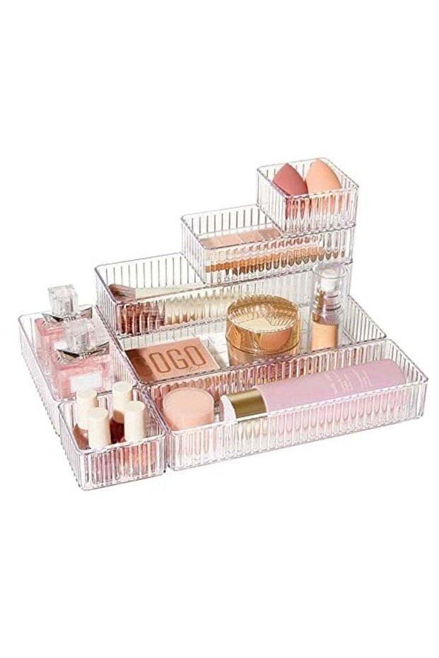 7-Piece Clear Drawer Organizer Bins, 4-Size Stackable Trays for Vanity Makeup
