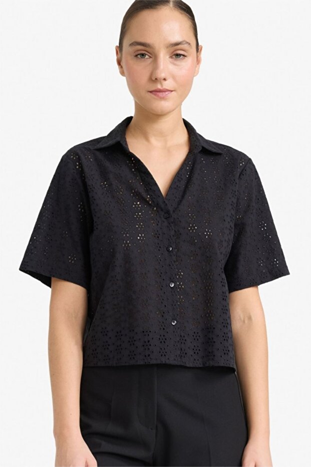 100% Cotton Regular Fit Collar Brode Short Sleeve Shirt G0365Ax26Sm