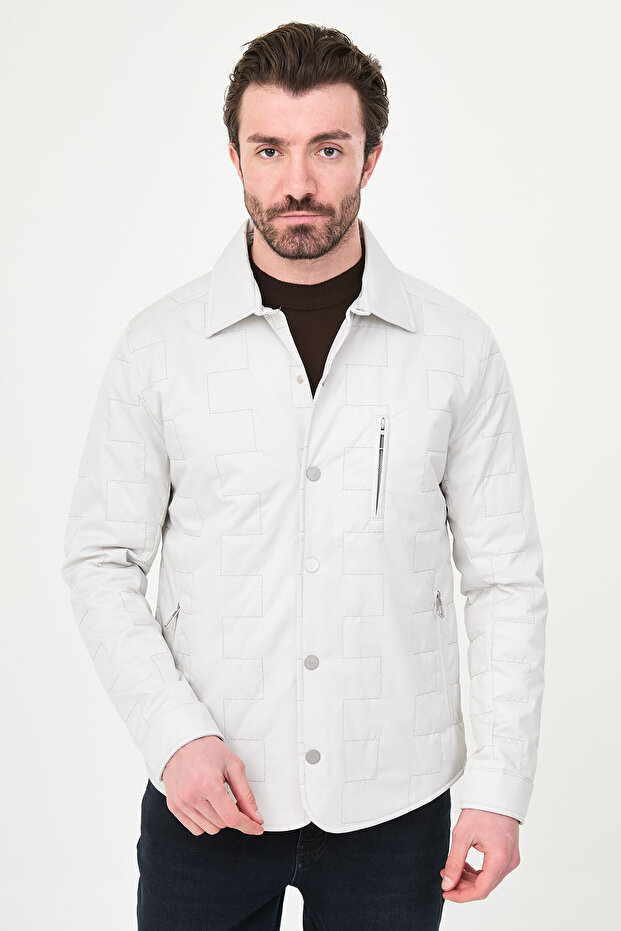 Quilted Slim Fit Shirt Collar Snap Fastener Men's Coat Stone - 39666.26Y