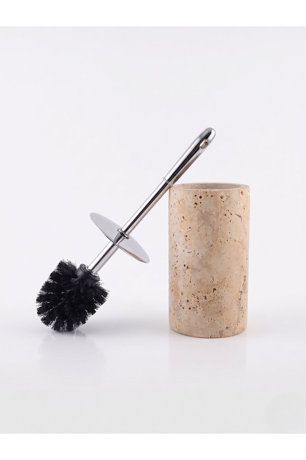 Natural Travertine Marble Stand with Stainless Silver Toilet Brush Set Toilet Brush Holder 16X9 cm