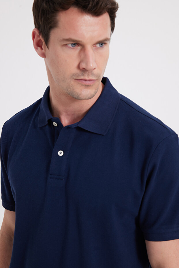 Men's Regular Fit Comfortable Cut 100% Cotton Plain Pique Navy Blue Polo Neck T-Shirt