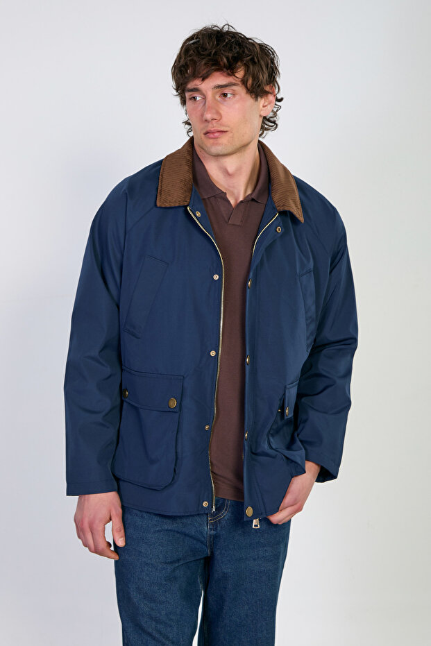Men's Velvet Shirt Collar Buttoned Jacket - Navy Blue