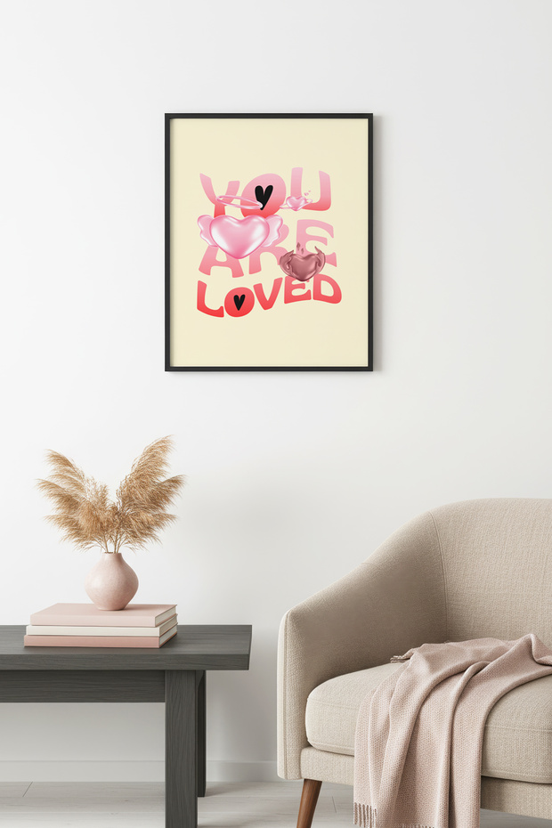 Retro Pink Love Painting with Black Wood Frame - Abstract Affection Wall Art | Huhu2460 - Single Table Black Frame