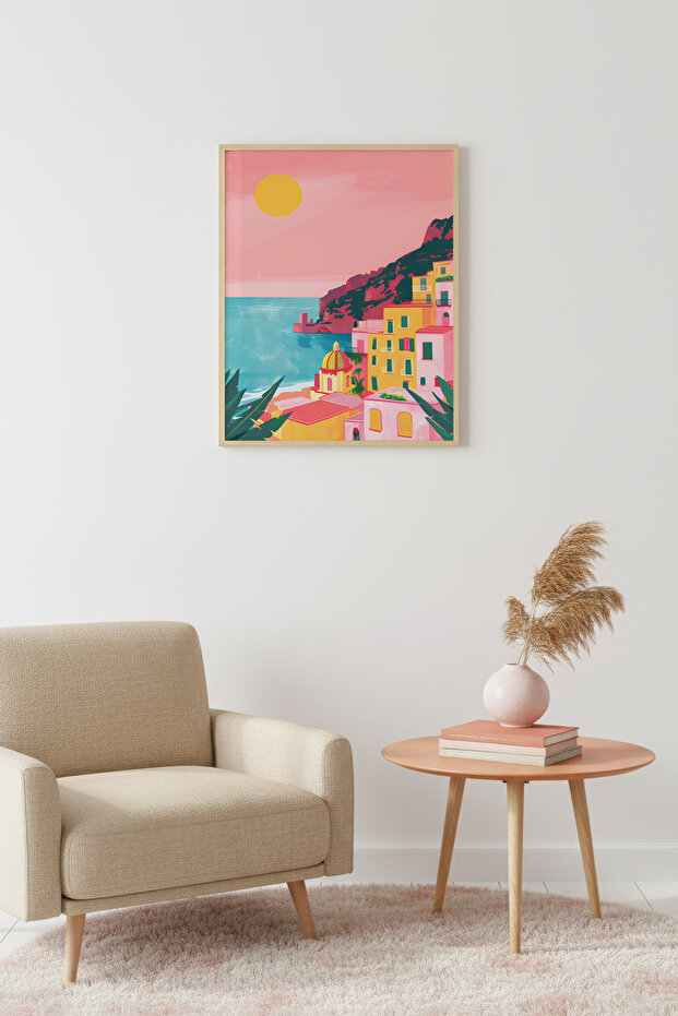 Natural Wood Framed Retro Painting - Mediterranean Coast Pastel Tones | Huhu2568 - Single Table Natural Wood Frame