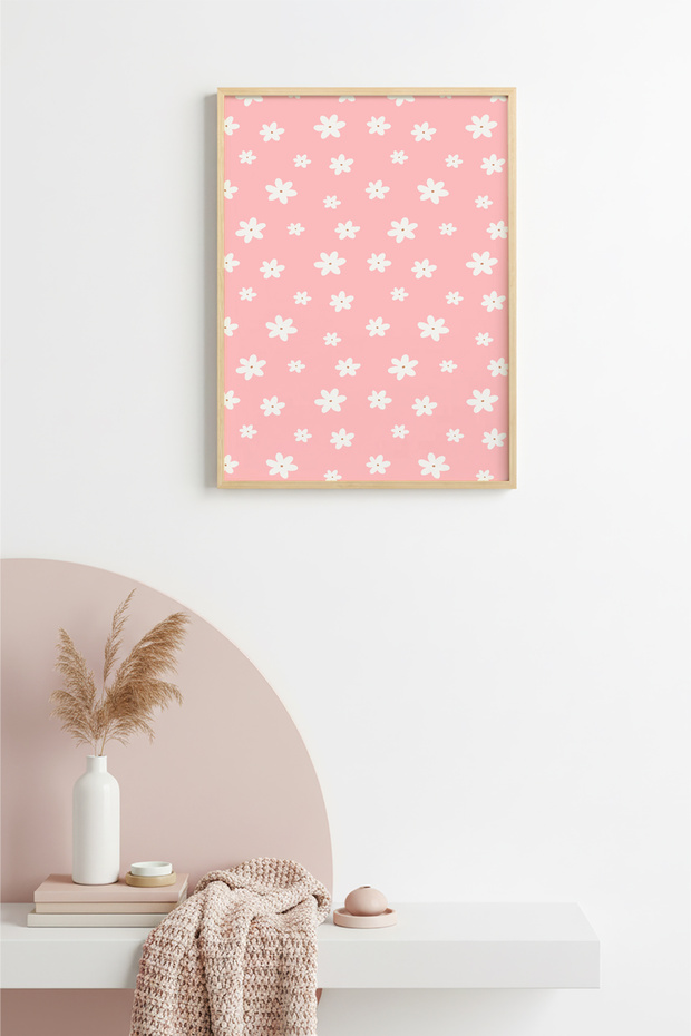 Natural Wood Framed Retro Floral Flower Pattern Artwork - Pastel Tones | Huhu2435 - Single Table Natural Wood Frame