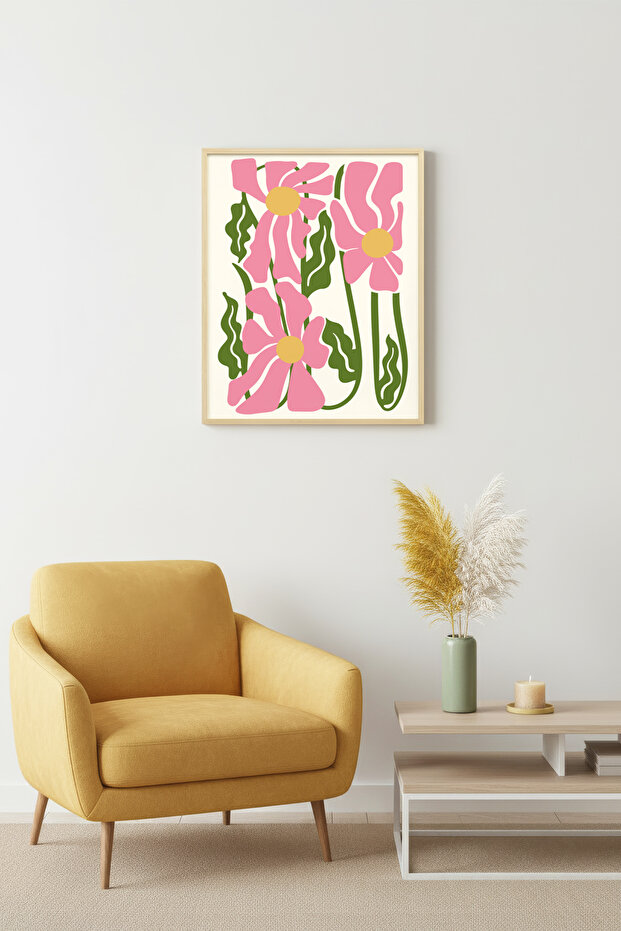 Natural Wood Framed Retro Floral Pattern Painting - Pink Green Floral | Huhu2080 - Single Table Natural Wood Frame
