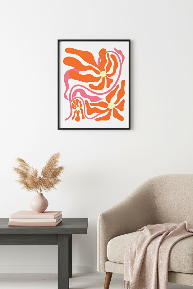 Natural Wood Framed Retro Abstract Painting - Orange Coral Pattern | Huhu2669