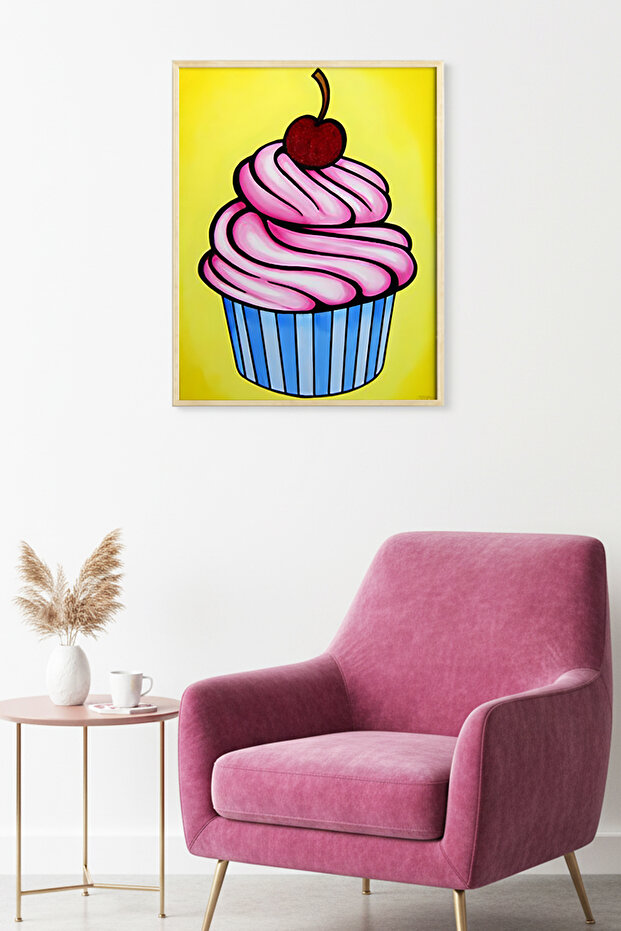 Natural Wooden Framed Sweet Cupcake Patterned Painting - Pink Red | Huhu1967 - Single Table Natural Wood Frame