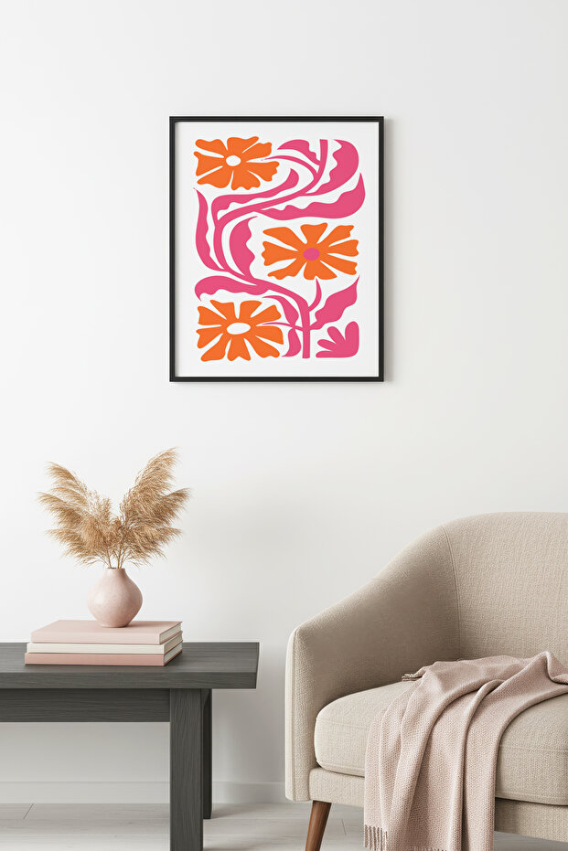 Black Wooden Framed Retro Floral Painting - Orange Pink Floral Pattern | Huhu2678 - Single Table Black Frame