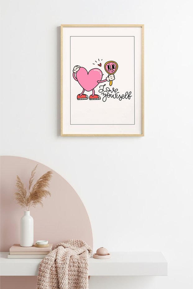 Natural Wooden Framed Retro Heart Painting - Self Love Pink | Huhu2492 - Single Table Natural Wood Frame