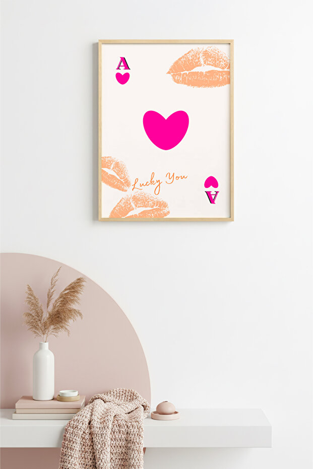 Natural Wood Framed Retro Pop Art Painting - Pink Heart and Typography | Huhu2407 - Single Table Natural Wood Frame