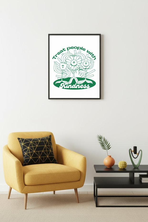 Black Wooden Framed Retro Floral Painting - Positive Kindness Theme | Huhu2841 - Single Table Black Frame