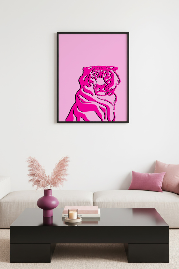 Black Wooden Framed Retro Tiger Painting - Vibrant Pink Portrait | Huhu2633 - Single Table Black Frame