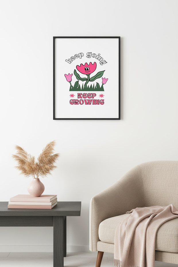 Natural Wood Framed Floral Tulip Painting - Keep Growing Retro Pattern | Huhu2310