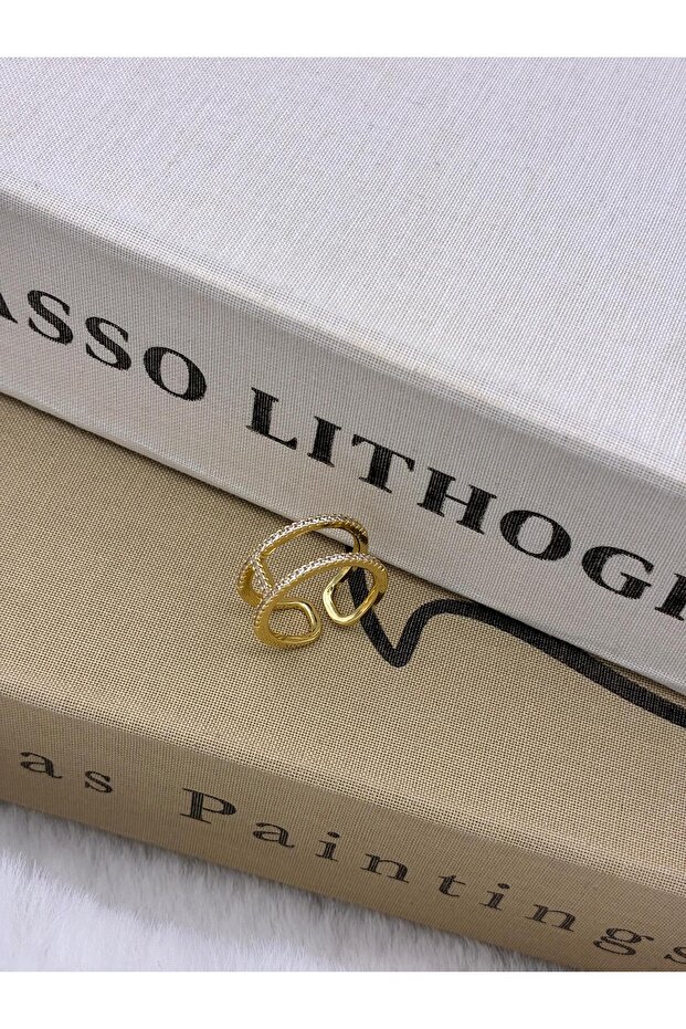 Gold Color Zircon Stone Double Row Adjustable Brass Ring with Detail on Top T2