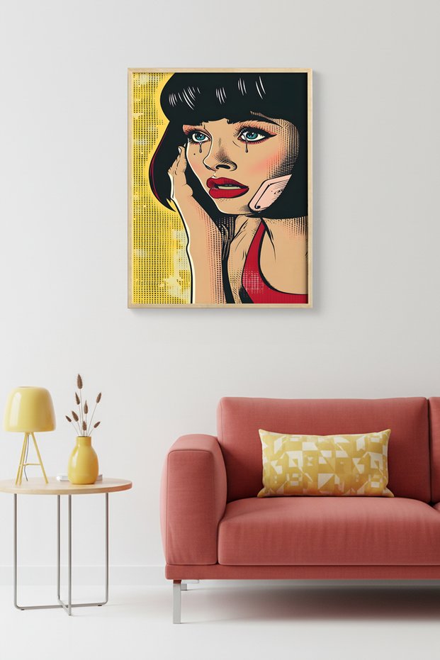 Natural Wood Framed Vintage Portrait Painting - Pop Art Illustration | Huhu1854 - Single Table Natural Wood Frame