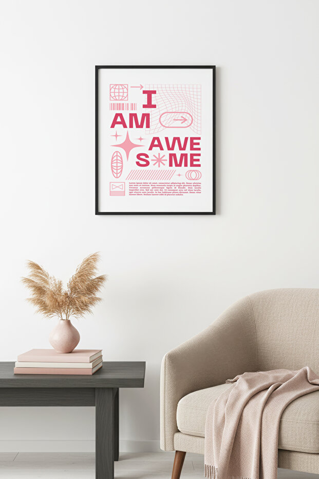 Black Wooden Framed Retro Typography Painting - Motivational with the Text "I Am Awesome" | Huhu2475 - Single Table Black Frame